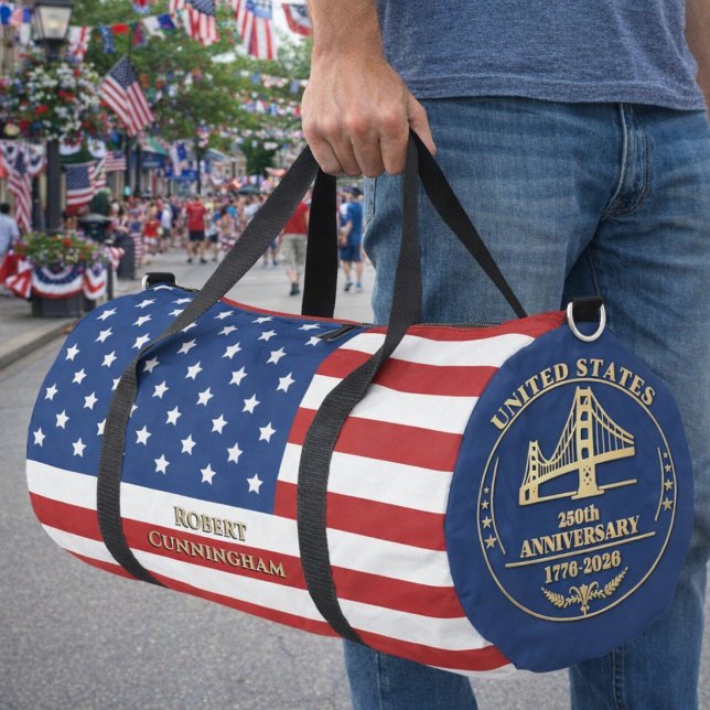 2026 Custom Name USA 250 Years Commemorative Duffle Bag (In situ.  This picture is AI generated and the product may be slightly different from the real one.)