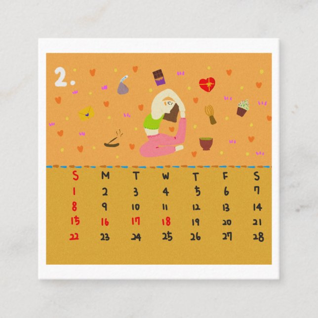 2026 Cute Cartoon Yoga Poses Calendar, Health  Square Business Card (Front)