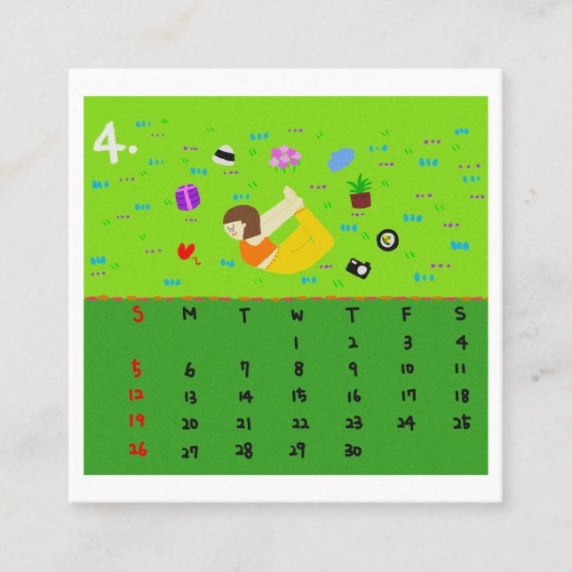2026 Cute Cartoon Yoga Poses Calendar, Health  Square Business Card (Front)