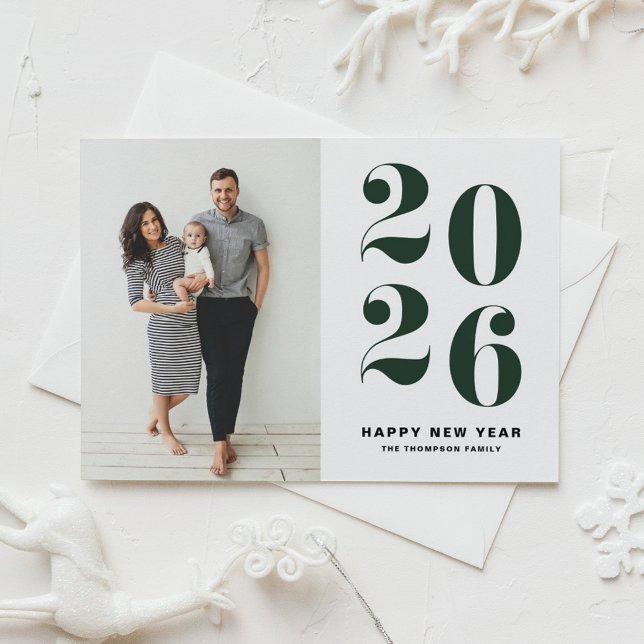 2026 Dark Green Bold Typography New Year Photo Holiday Card (Ring in 2026 with this green Happy New Year Photo Card featuring retro bold typography.)