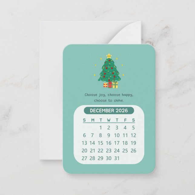 2026 December Monthly Kawaii Motivational Calendar Note Card (Front)