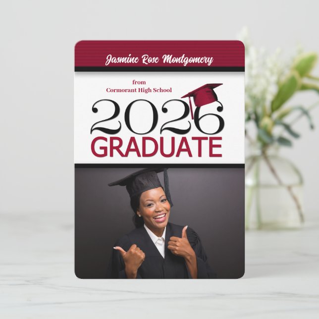 2026 Deep Red and Black Photo Graduation Invitation (Standing Front)