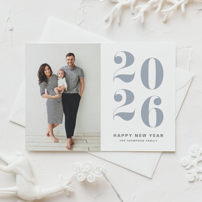 2026 Dusty Blue Bold Typography New Year Photo Holiday Card (Ring in 2026 with this dusty blue Happy New Year Photo Card featuring retro bold typography.)