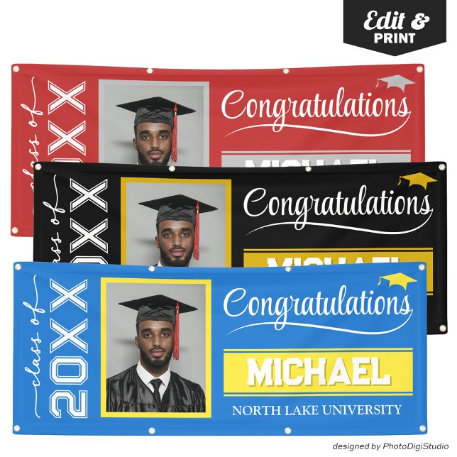 2026 Editable Graduation Banner with Name & School (2025 Editable Graduation Banner with Name & School, Royal Blue and Yellow Banner Outdoor Horizontal)