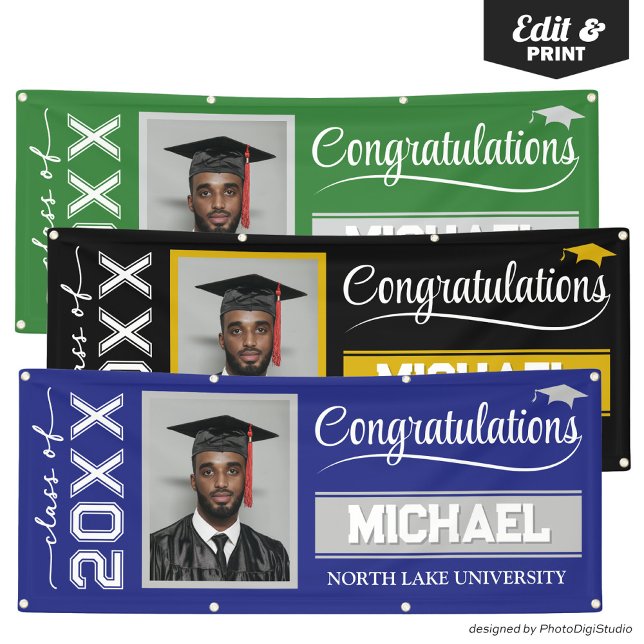 2026 Editable Graduation Banner with Name & School (2025 Editable Graduation Banner with Name & School, Blue and Silver Banner Outdoor Horizontal)