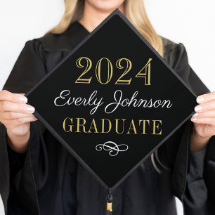 2026 Elegant Black and Gold Custom Graduation Cap Topper