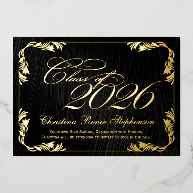 2026 Elegant Black/Gold Classy Formal Graduation Foil Invitation (Front)