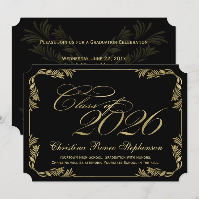 2026 Elegant Black/Gold Classy Formal Graduation Invitation (Front/Back)