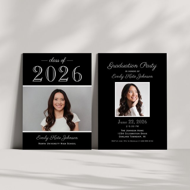 2026 Elegant Black Silver Photo Graduation Party Invitation (Creator Uploaded)