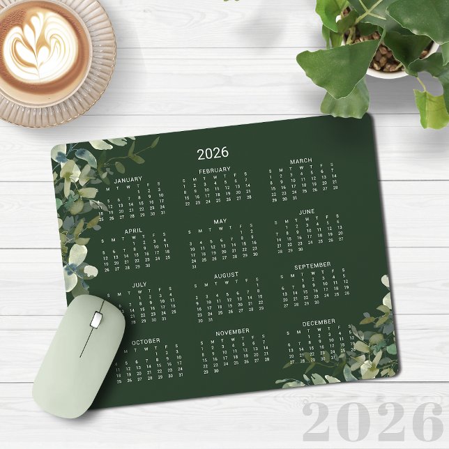 2026 Elegant Dark Green Eucalyptus Desk Calendar Mouse Pad (2026 Elegant Dark Green Eucalyptus Desk Calendar Mouse Pad)