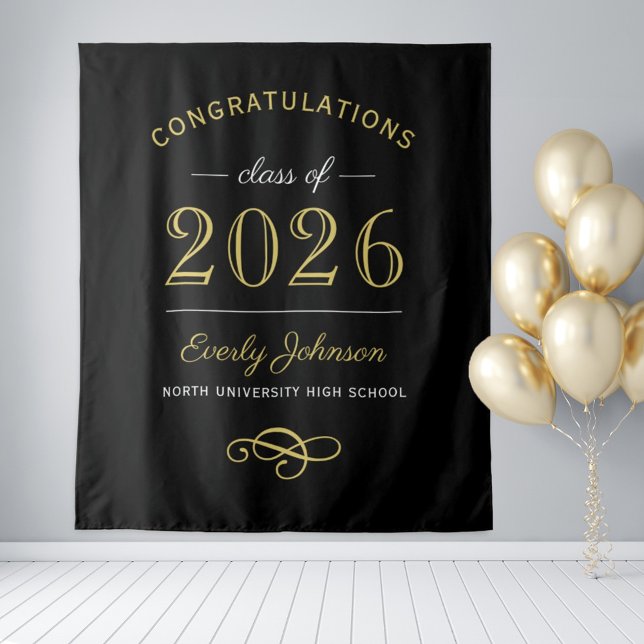 2026 Elegant Gold and Black Custom Graduation Tapestry (Creator Uploaded)