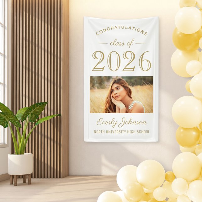 2026 Elegant Gold White Custom Photo Graduation Banner (Creator Uploaded)