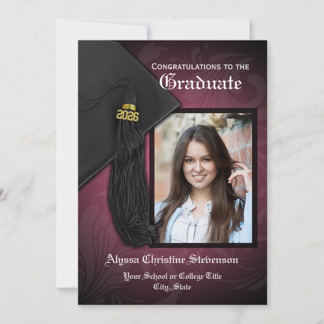 2026 Elegant Pink Tassel Charm Photo Graduation Invitation (Front)