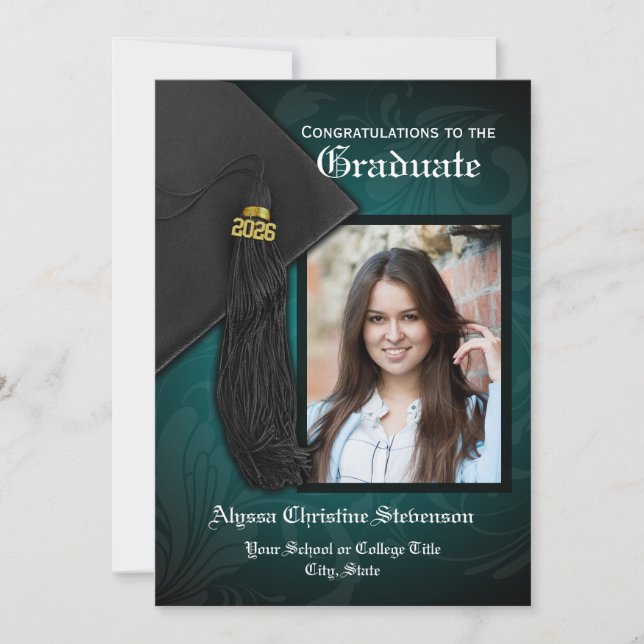 2026 Elegant Teal Tassel Charm Photo Graduation Invitation (Front)