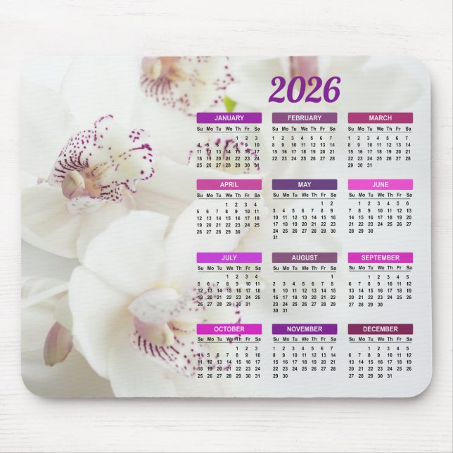 2026 Elegant White and Purple Orchids Calendar Mouse Pad (Front)