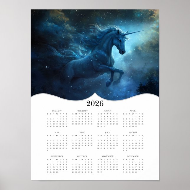 2026 Fantasy Blue Unicorn Full Year Wall Calendar Poster (Front)