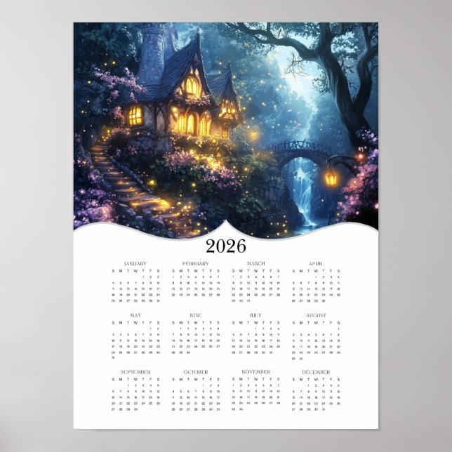 2026 Fantasy Cottage Full Year Wall Calendar Poster (Front)