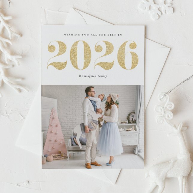 2026 Faux Gold Glitter Modern Happy New Year Holiday Card (Ring in 2026 with this sparkly Happy New Year photo card featuring faux gold glitter.)
