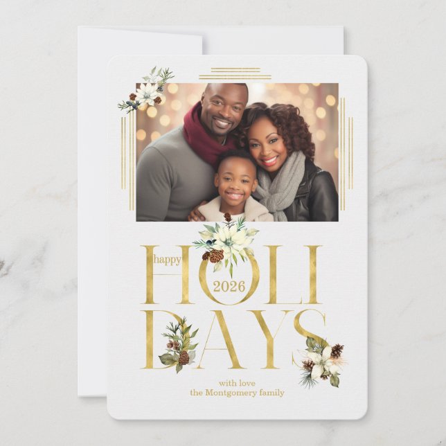 2026 Faux Gold Leaf and Botanical Single Photo Holiday Card (Front)
