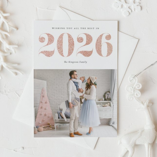 2026 Faux Rose Gold Glitter Modern Happy New Year Holiday Card (Ring in 2026 with this sparkly Happy New Year photo card featuring faux rose gold glitter.)