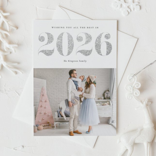 2026 Faux Silver Glitter Modern Happy New Year Holiday Card (Ring in 2026 with this sparkly Happy New Year photo card featuring faux silver glitter.)
