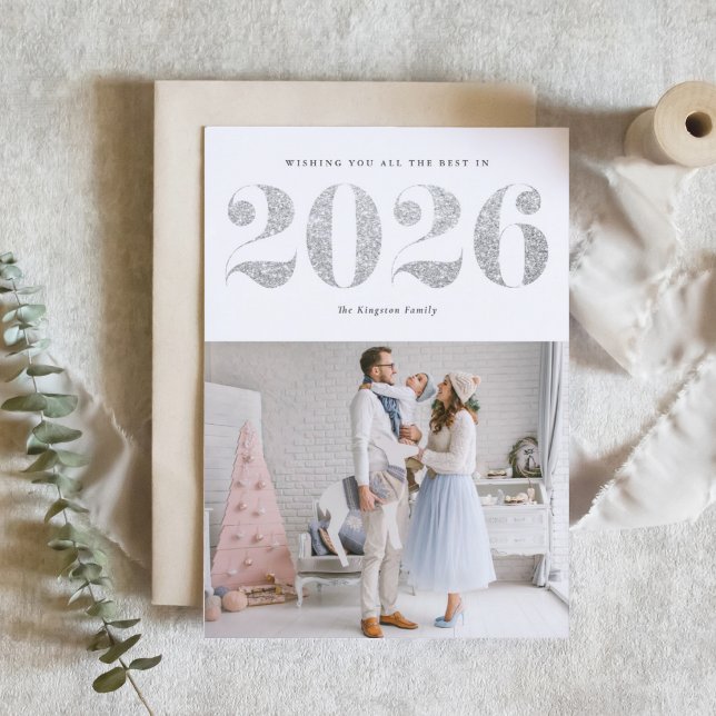 2026 Faux Silver Glitter Modern Happy New Year Holiday Card (Ring in 2026 with this sparkly Happy New Year photo card featuring faux silver glitter.)