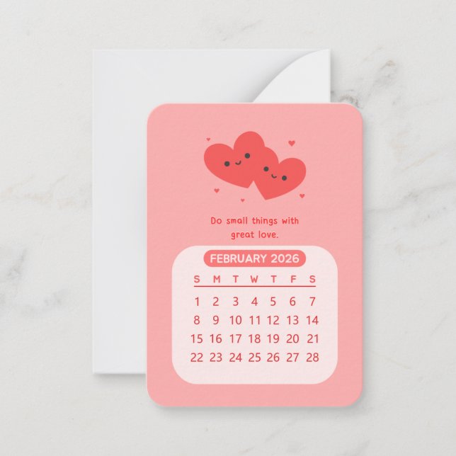 2026 February Monthly Kawaii Motivational Calendar Note Card (Front)