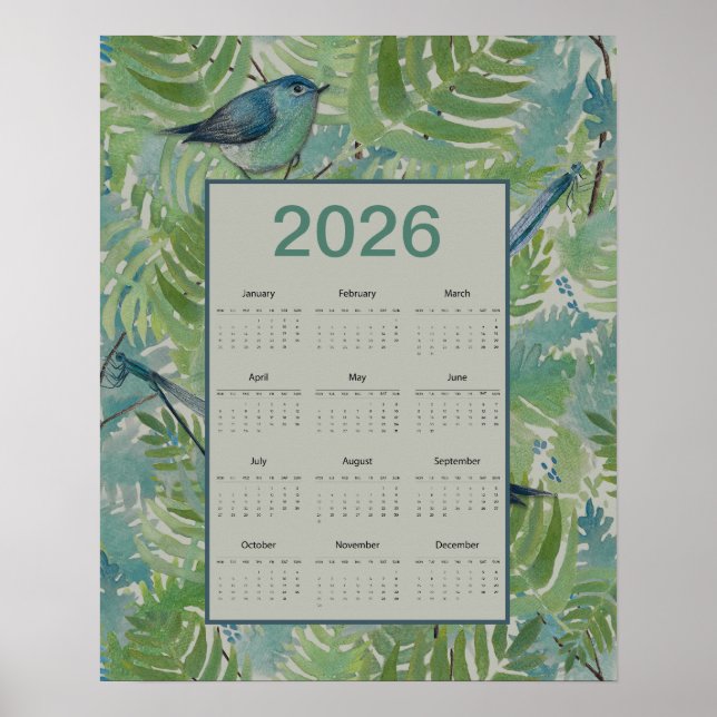 2026 Ferns Birds Calendar Poster (Front)