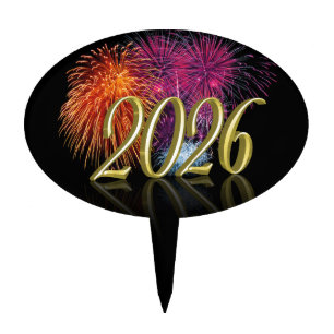 2026 Fireworks Gold Happy New Year Cake Topper