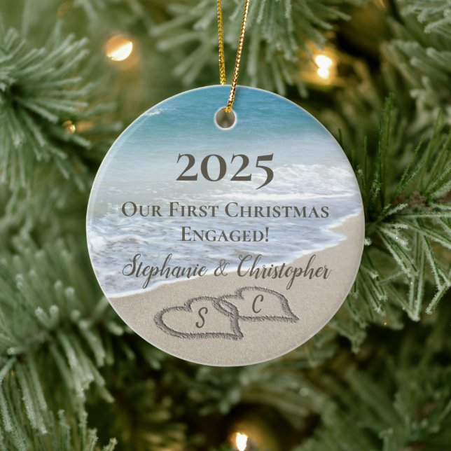 2026 First Christmas Engaged Beach Hearts Initials Ceramic Ornament (Tree)