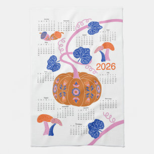 2026 Folk Art Cottagecore Pumpkin Patch Calendar Kitchen Towel