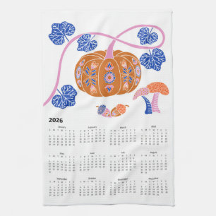 2026 Folk Art Cottagecore Pumpkin Patch Calendar Kitchen Towel