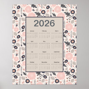 2026 Full Year Calendar Pink Gray Botanical Poster