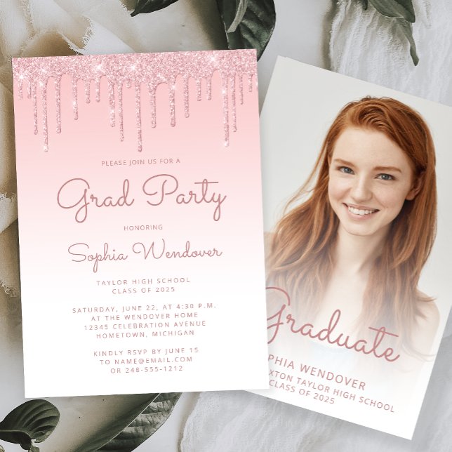 2026 Glam Blush Pink Glitter Drip Photo Graduation Invitation (Creator Uploaded)