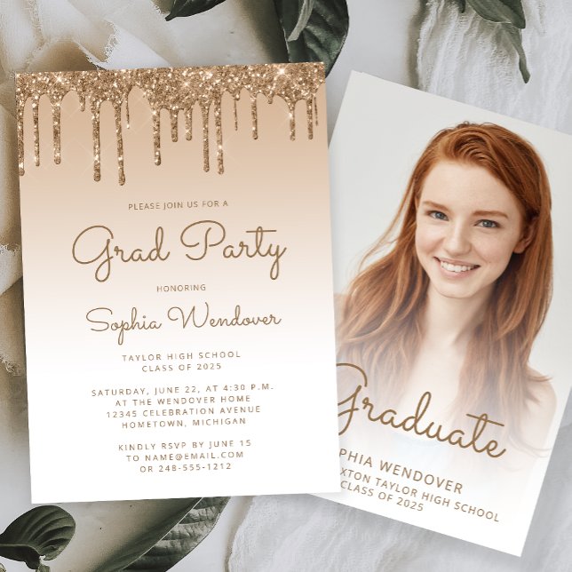 2026 Glam Gold Glitter Drip Photo Graduation Invitation (Creator Uploaded)