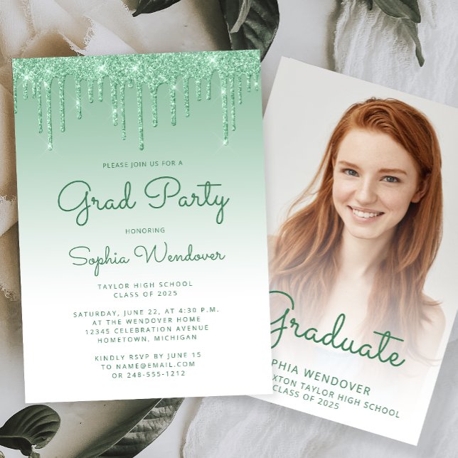 2026 Glam Green Glitter Drip Photo Graduation Invitation (Creator Uploaded)