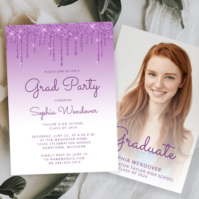 2026 Glam Purple Glitter Drip Photo Graduation Invitation (Creator Uploaded)