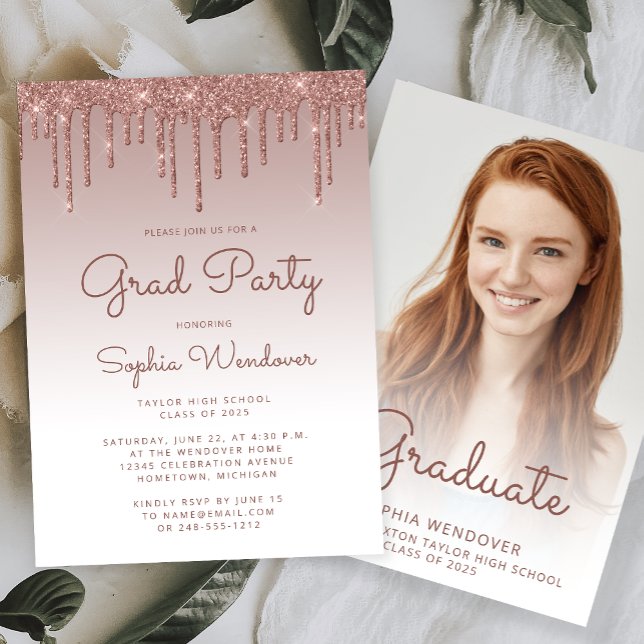 2026 Glam Rose Gold Glitter Drip Photo Graduation Invitation (Creator Uploaded)