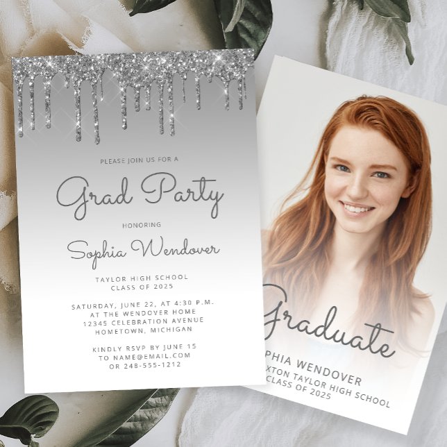 2026 Glam Silver Glitter Drip Photo Graduation Invitation (Creator Uploaded)