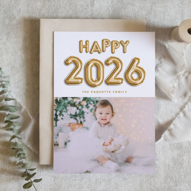 2026 Gold Foil Mylar Balloons New Year Photo Holiday Card (Customizable photo Happy New Year card featuring festive gold foil mylar balloons.)