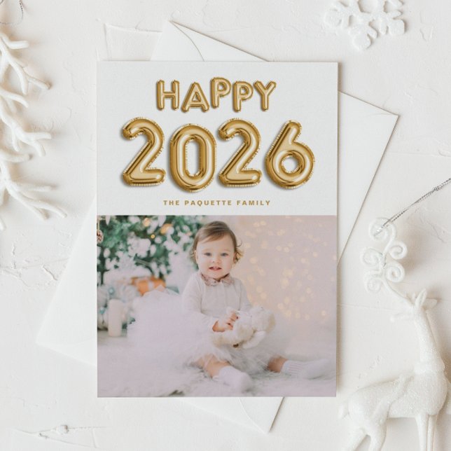 2026 Gold Foil Mylar Balloons Photo New Year Holiday Postcard (Customizable photo Happy 2026 New Year postcard featuring gold foil mylar balloons.)