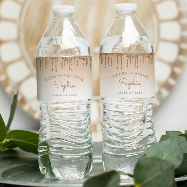 2026 Gold Glitter Drip Graduation Party Water Bottle Label (Creator Uploaded)
