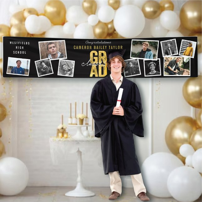 2026 Gold GRAD 10 Photo Modern Graduation Party Banner (2026 Golden Bold GRAD 10 Photo Collage Modern Graduation Party Banner @ zazzle.com/color_therapy)