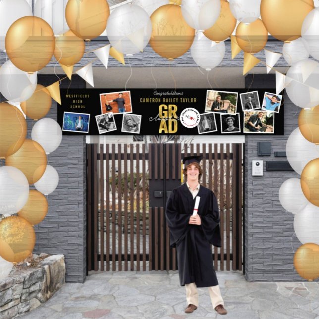 2026 Gold GRAD 10 Photo Modern Graduation Party Banner (Class Of 2025 Modern Bold Golden GRAD 9 Photo Graduation Party Banner @ www.zazzle.com/color_therapy)