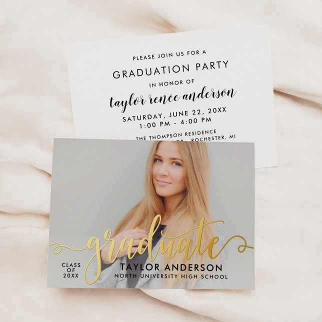 2026 Gold Graduate Photo Script Graduation Party Foil Invitation (Creator Uploaded)