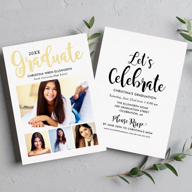 2026 Gold Graduate Script Photo Collage Foil Invitation (Creator Uploaded)