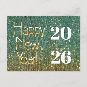 2026,Gold Green Glitter Happy New Year Postcard