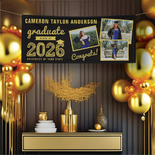 2026 Gold Sketch 3 Photo Collage Modern Grad Party Banner