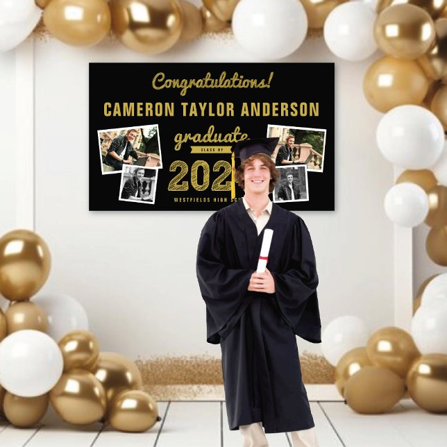 2026 Gold Sketch 4 Photo Congrats Graduation Party Banner (2024 Black And Gold Sketch 4 Photo Modern Graduation Party Banner @ www.zazzle.com/color_therapy)
