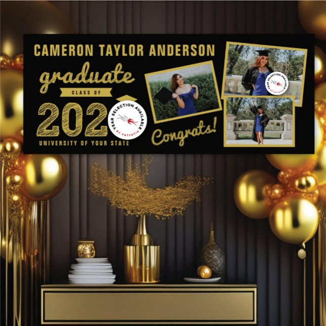 2026 Gold Sketch Three Photo Collage Grad Party Banner (20YY Black And Gold Sketch 3 Photo Modern Graduation Party Banner @ www.zazzle.com/color_therapy)